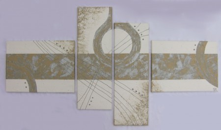 Tableau quadriptyque beige taupe blanc et argent